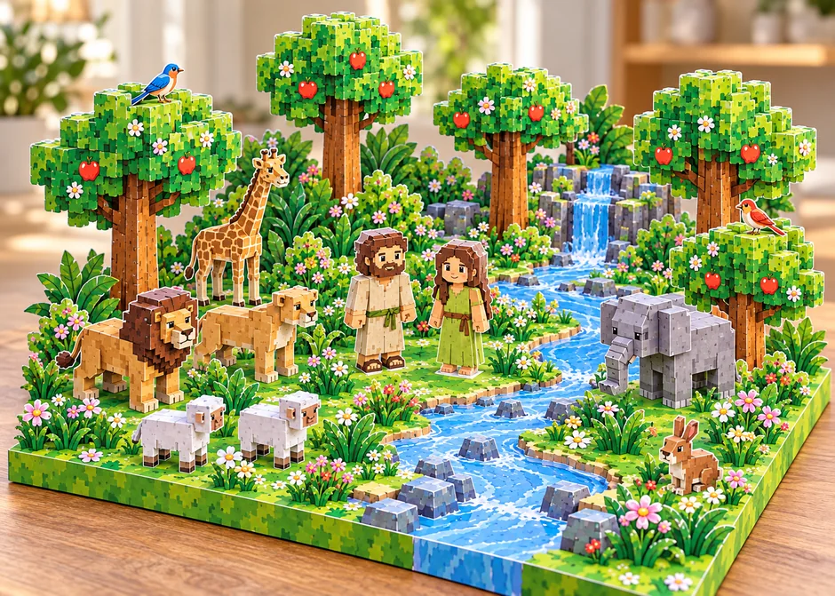 Maquete completa do Jardim do Éden em blocos