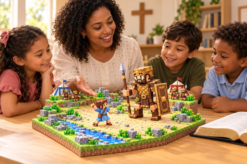 Educadora com três crianças explorando um diorama bíblico