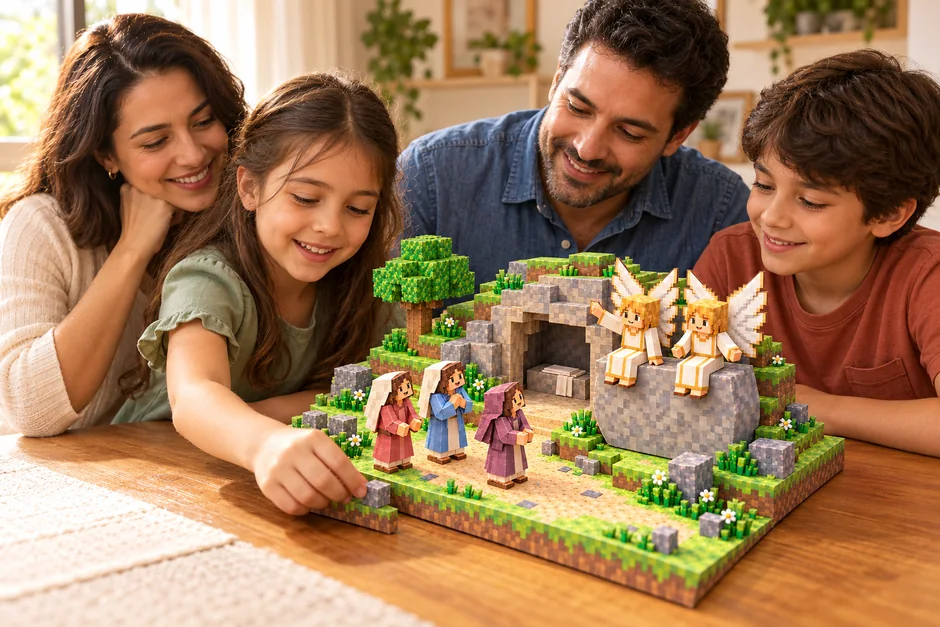 Família reunida ao redor de uma maquete bíblica em blocos