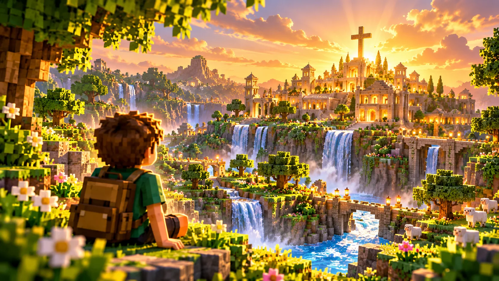 Criança contemplando um magnífico mundo bíblico em blocos, com cidade iluminada e uma cruz