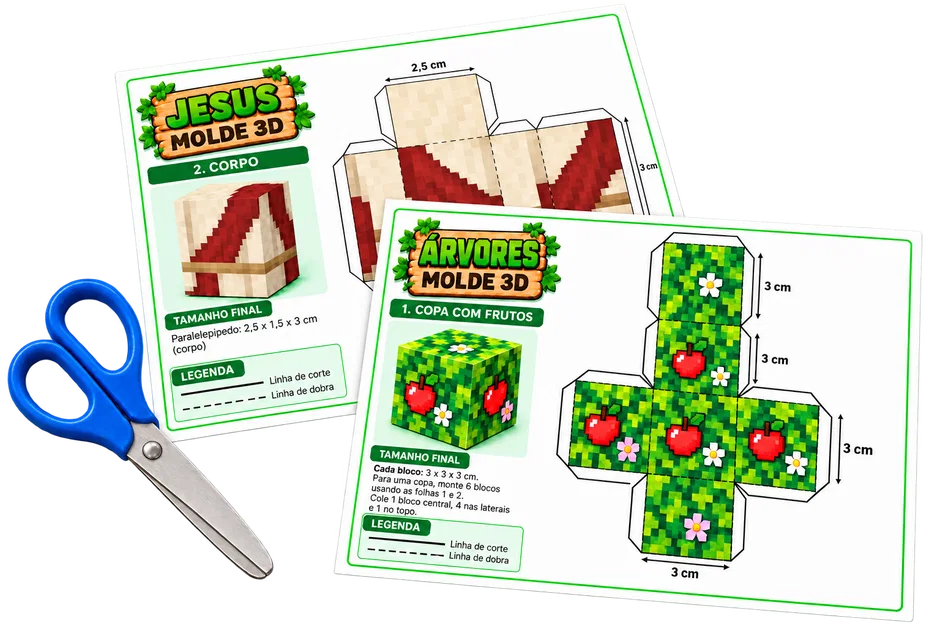 Folhas de moldes com tesoura, cortes e dobras