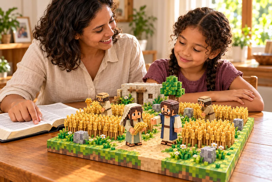 Mãe e filha aprendendo uma história bíblica com um cenário de papel